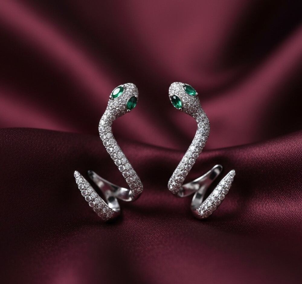 Madewell Silver Snake Earrings Serpent CZ Encrusted Spiral Gothic Serpent Stud